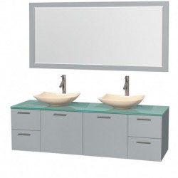 72 inch Double Bathroom Vanity in Dove Gray, Green Glass Countertop, Arista Ivory Marble Sinks, and 70 inch Mirror