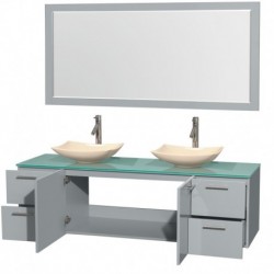 72 inch Double Bathroom Vanity in Dove Gray, Green Glass Countertop, Arista Ivory Marble Sinks, and 70 inch Mirror