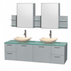 72 inch Double Bathroom Vanity in Dove Gray, Green Glass Countertop, Arista Ivory Marble Sinks, and Medicine Cabinet