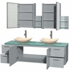 72 inch Double Bathroom Vanity in Dove Gray, Green Glass Countertop, Arista Ivory Marble Sinks, and Medicine Cabinet