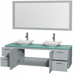 72 inch Double Bathroom Vanity in Dove Gray, Green Glass Countertop, Arista White Carrera Marble Sinks, and 70 inch Mirror