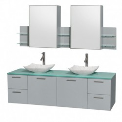 72 inch Double Bathroom Vanity in Dove Gray, Green Glass Countertop, Arista White Carrera Marble Sinks, and Medicine Cabinet