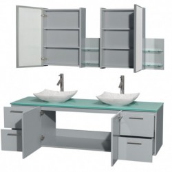 72 inch Double Bathroom Vanity in Dove Gray, Green Glass Countertop, Arista White Carrera Marble Sinks, and Medicine Cabinet