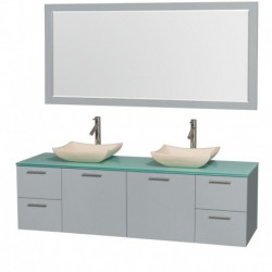 72 inch Double Bathroom Vanity in Dove Gray, Green Glass Countertop, Avalon Ivory Marble Sinks, and 70 inch Mirror