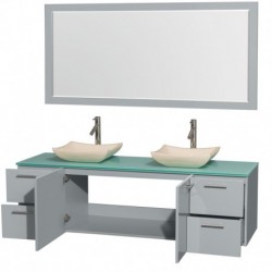 72 inch Double Bathroom Vanity in Dove Gray, Green Glass Countertop, Avalon Ivory Marble Sinks, and 70 inch Mirror
