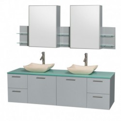 72 inch Double Bathroom Vanity in Dove Gray, Green Glass Countertop, Avalon Ivory Marble Sinks, and Medicine Cabinet