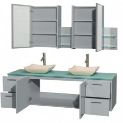 72 inch Double Bathroom Vanity in Dove Gray, Green Glass Countertop, Avalon Ivory Marble Sinks, and Medicine Cabinet