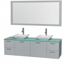 72 inch Double Bathroom Vanity in Dove Gray, Green Glass Countertop, Avalon White Carrera Marble Sinks, and 70 inch Mirror