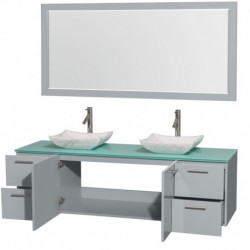 72 inch Double Bathroom Vanity in Dove Gray, Green Glass Countertop, Avalon White Carrera Marble Sinks, and 70 inch Mirror