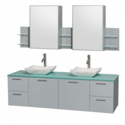 72 inch Double Bathroom Vanity in Dove Gray, Green Glass Countertop, Avalon White Carrera Marble Sinks, and Medicine Cabinet