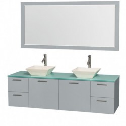 72 inch Double Bathroom Vanity in Dove Gray, Green Glass Countertop, Pyra Bone Porcelain Sinks, and 70 inch Mirror