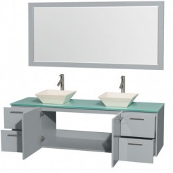 72 inch Double Bathroom Vanity in Dove Gray, Green Glass Countertop, Pyra Bone Porcelain Sinks, and 70 inch Mirror