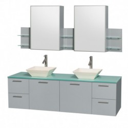 72 inch Double Bathroom Vanity in Dove Gray, Green Glass Countertop, Pyra Bone Porcelain Sinks, and Medicine Cabinet