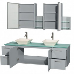 72 inch Double Bathroom Vanity in Dove Gray, Green Glass Countertop, Pyra Bone Porcelain Sinks, and Medicine Cabinet