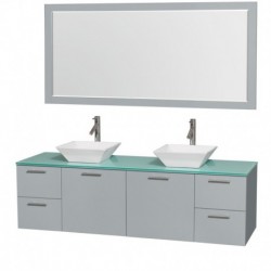 72 inch Double Bathroom Vanity in Dove Gray, Green Glass Countertop, Pyra White Porcelain Sinks, and 70 inch Mirror