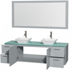 72 inch Double Bathroom Vanity in Dove Gray, Green Glass Countertop, Pyra White Porcelain Sinks, and 70 inch Mirror