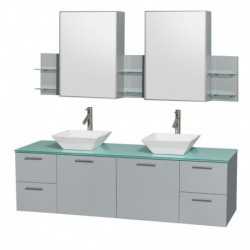 72 inch Double Bathroom Vanity in Dove Gray, Green Glass Countertop, Pyra White Porcelain Sinks, and Medicine Cabinet