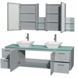 72 inch Double Bathroom Vanity in Dove Gray, Green Glass Countertop, Pyra White Porcelain Sinks, and Medicine Cabinet