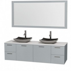 72 inch Double Bathroom Vanity in Dove Gray, White Man-Made Stone Countertop, Altair Black Granite Sinks, and 70 inch Mirror