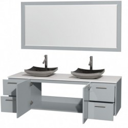 72 inch Double Bathroom Vanity in Dove Gray, White Man-Made Stone Countertop, Altair Black Granite Sinks, and 70 inch Mirror