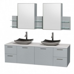 72 inch Double Bathroom Vanity in Dove Gray, White Man-Made Stone Countertop, Altair Black Granite Sinks, and Medicine Cabinet