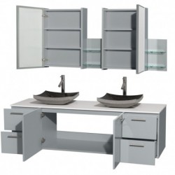 72 inch Double Bathroom Vanity in Dove Gray, White Man-Made Stone Countertop, Altair Black Granite Sinks, and Medicine Cabinet