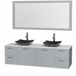 72 inch Double Bathroom Vanity in Dove Gray, White Man-Made Stone Countertop, Arista Black Granite Sinks, and 70 inch Mirror