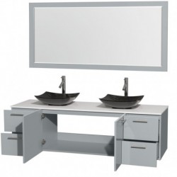 72 inch Double Bathroom Vanity in Dove Gray, White Man-Made Stone Countertop, Arista Black Granite Sinks, and 70 inch Mirror