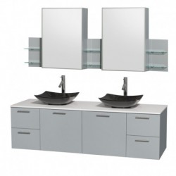72 inch Double Bathroom Vanity in Dove Gray, White Man-Made Stone Countertop, Arista Black Granite Sinks, and Medicine Cabinet
