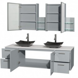72 inch Double Bathroom Vanity in Dove Gray, White Man-Made Stone Countertop, Arista Black Granite Sinks, and Medicine Cabinet