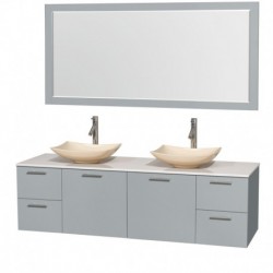 72 inch Double Bathroom Vanity in Dove Gray, White Man-Made Stone Countertop, Arista Ivory Marble Sinks, and 70 inch Mirror