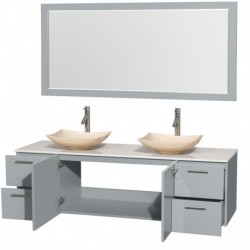 72 inch Double Bathroom Vanity in Dove Gray, White Man-Made Stone Countertop, Arista Ivory Marble Sinks, and 70 inch Mirror