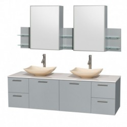 72 inch Double Bathroom Vanity in Dove Gray, White Man-Made Stone Countertop, Arista Ivory Marble Sinks, and Medicine Cabinet