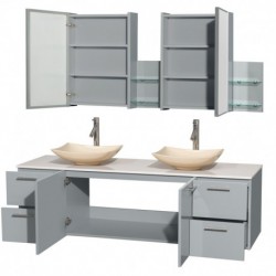 72 inch Double Bathroom Vanity in Dove Gray, White Man-Made Stone Countertop, Arista Ivory Marble Sinks, and Medicine Cabinet