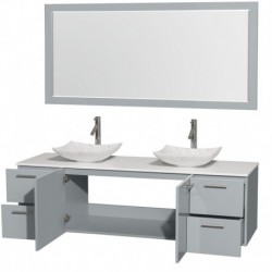 72 inch Double Bathroom Vanity in Dove Gray, White Man-Made Stone Countertop, Arista White Carrera Marble Sinks, and 70 inch Mi