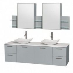 72 inch Double Bathroom Vanity in Dove Gray, White Man-Made Stone Countertop, Arista White Carrera Marble Sinks, and Medicine C