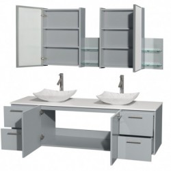 72 inch Double Bathroom Vanity in Dove Gray, White Man-Made Stone Countertop, Arista White Carrera Marble Sinks, and Medicine C