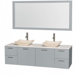 72 inch Double Bathroom Vanity in Dove Gray, White Man-Made Stone Countertop, Avalon Ivory Marble Sinks, and 70 inch Mirror
