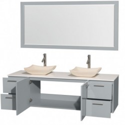 72 inch Double Bathroom Vanity in Dove Gray, White Man-Made Stone Countertop, Avalon Ivory Marble Sinks, and 70 inch Mirror