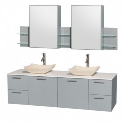 72 inch Double Bathroom Vanity in Dove Gray, White Man-Made Stone Countertop, Avalon Ivory Marble Sinks, and Medicine Cabinet