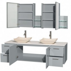 72 inch Double Bathroom Vanity in Dove Gray, White Man-Made Stone Countertop, Avalon Ivory Marble Sinks, and Medicine Cabinet