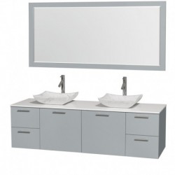 72 inch Double Bathroom Vanity in Dove Gray, White Man-Made Stone Countertop, Avalon White Carrera Marble Sinks, and 70 inch Mi