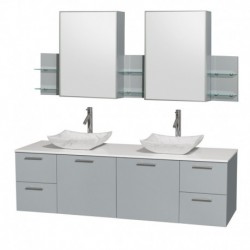 72 inch Double Bathroom Vanity in Dove Gray, White Man-Made Stone Countertop, Avalon White Carrera Marble Sinks, and Medicine C
