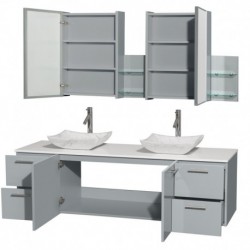 72 inch Double Bathroom Vanity in Dove Gray, White Man-Made Stone Countertop, Avalon White Carrera Marble Sinks, and Medicine C