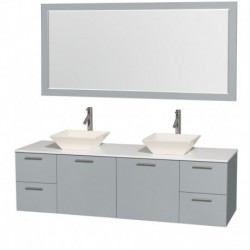 72 inch Double Bathroom Vanity in Dove Gray, White Man-Made Stone Countertop, Pyra Bone Porcelain Sinks, and 70 inch Mirror