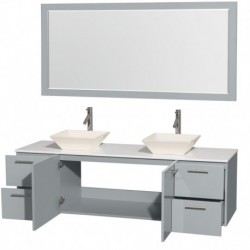 72 inch Double Bathroom Vanity in Dove Gray, White Man-Made Stone Countertop, Pyra Bone Porcelain Sinks, and 70 inch Mirror