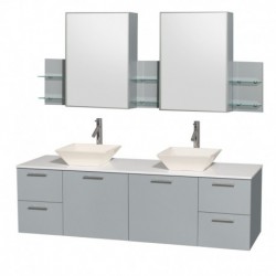 72 inch Double Bathroom Vanity in Dove Gray, White Man-Made Stone Countertop, Pyra Bone Porcelain Sinks, and Medicine Cabinet