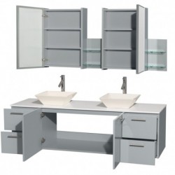 72 inch Double Bathroom Vanity in Dove Gray, White Man-Made Stone Countertop, Pyra Bone Porcelain Sinks, and Medicine Cabinet