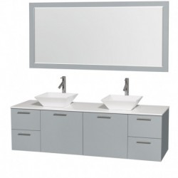 72 inch Double Bathroom Vanity in Dove Gray, White Man-Made Stone Countertop, Pyra White Porcelain Sinks, and 70 inch Mirror