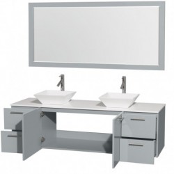 72 inch Double Bathroom Vanity in Dove Gray, White Man-Made Stone Countertop, Pyra White Porcelain Sinks, and 70 inch Mirror
